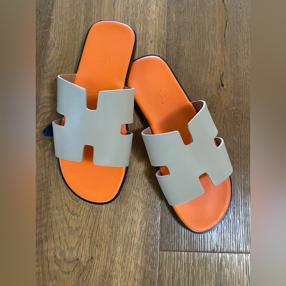 Hermes Tan with Orange Oran Slide Sandals